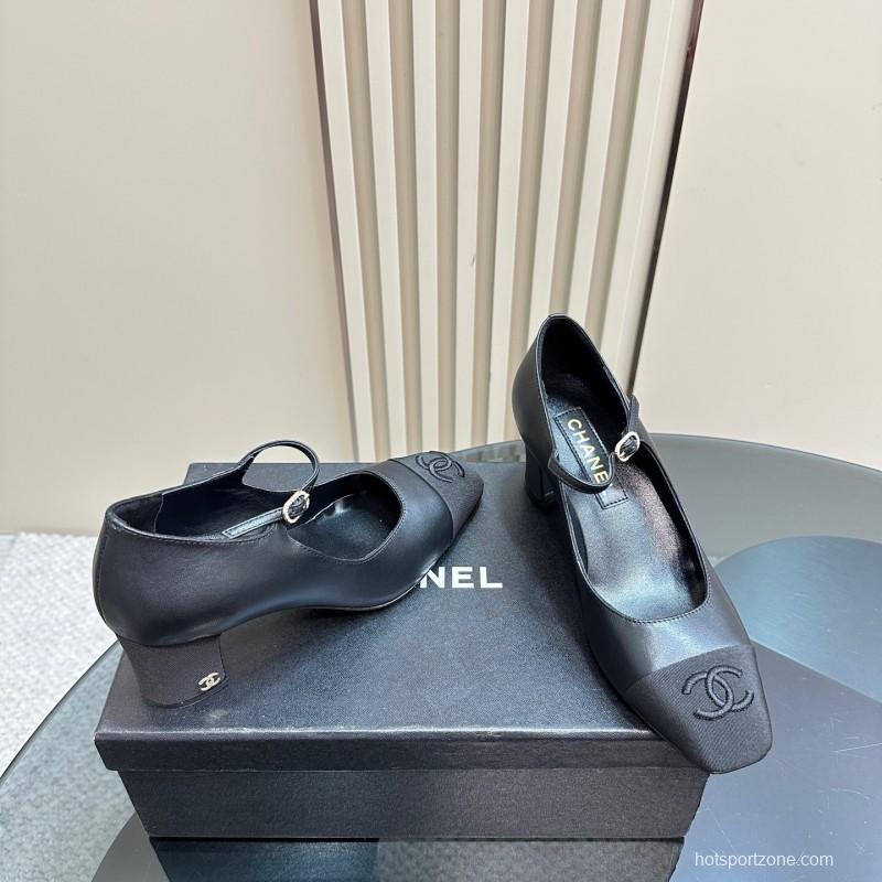 2025 Women Chanel Black Leather Mary Jane Shoes KFY00290