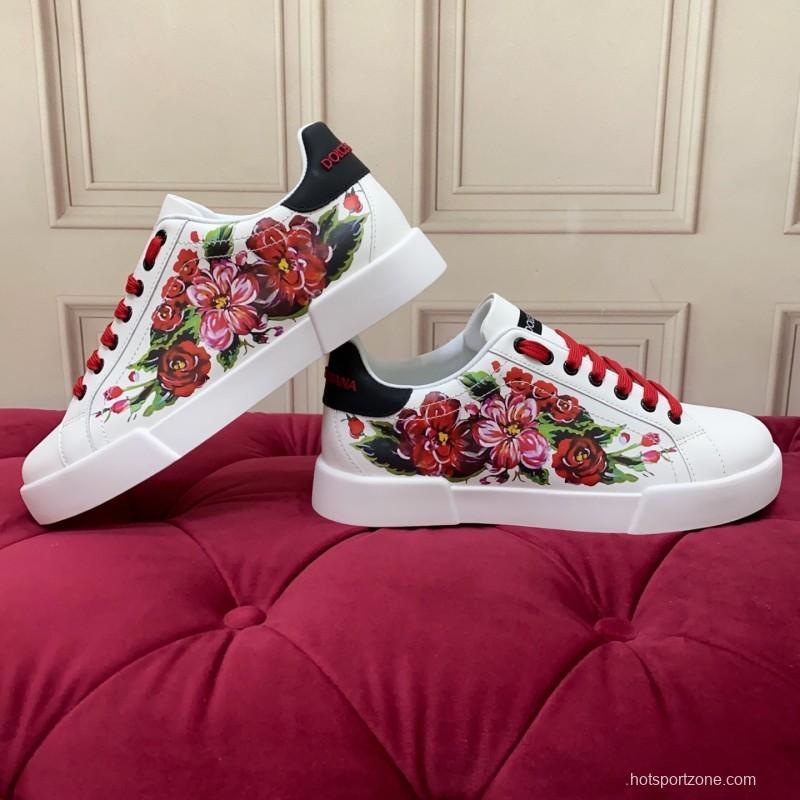 2025 Women Dolce & Gabbana White Red Leather Sneakers Floral LY00300