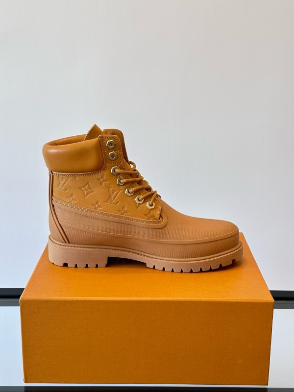 2024 Men Louis Vuitton Brown Leather Waterproof Work Boots MJ00390
