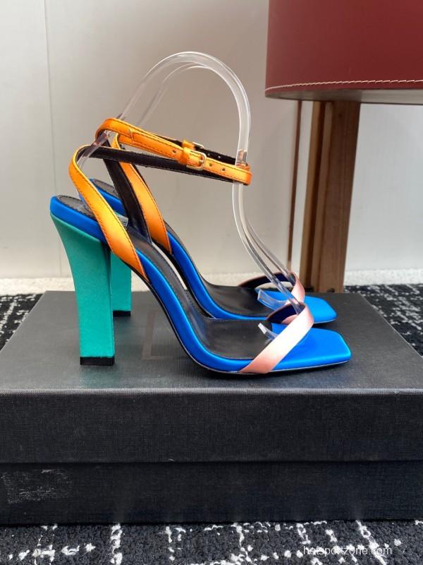 2025 Women Yves Saint Laurent Blue Orange Pink Leather Suede High Heel Sandals