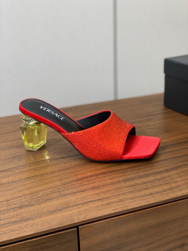 2025 Women VERSACE Red Leather Suede Slip-on Sandals