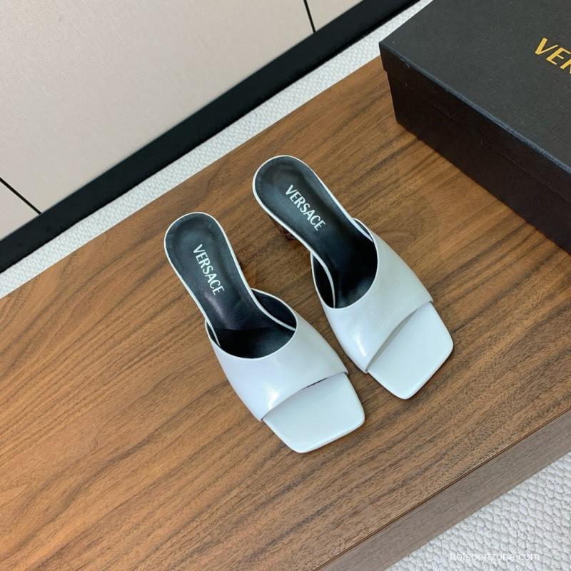 2025 Women VERSACE White Leather Slippers