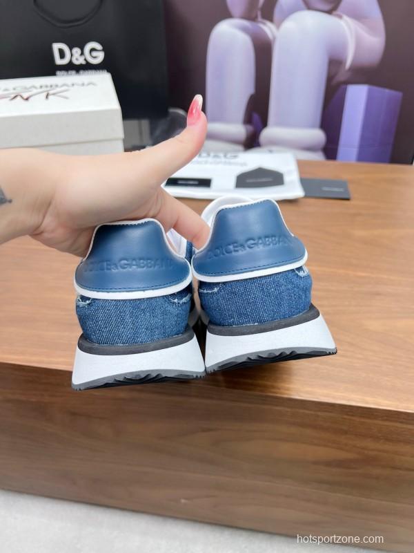2025 Unisex Dolce & Gabbana Blue Denim Leather Sneakers LY00300