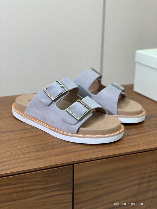 2025 Unisex Brunello Cucinelli Light Grey Suede Casual Sandals With Adjustable Buckles KFY00250