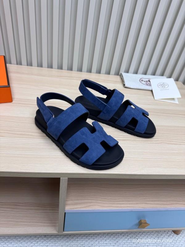 2025 Women Hermès Navy Suede Leather Sandals