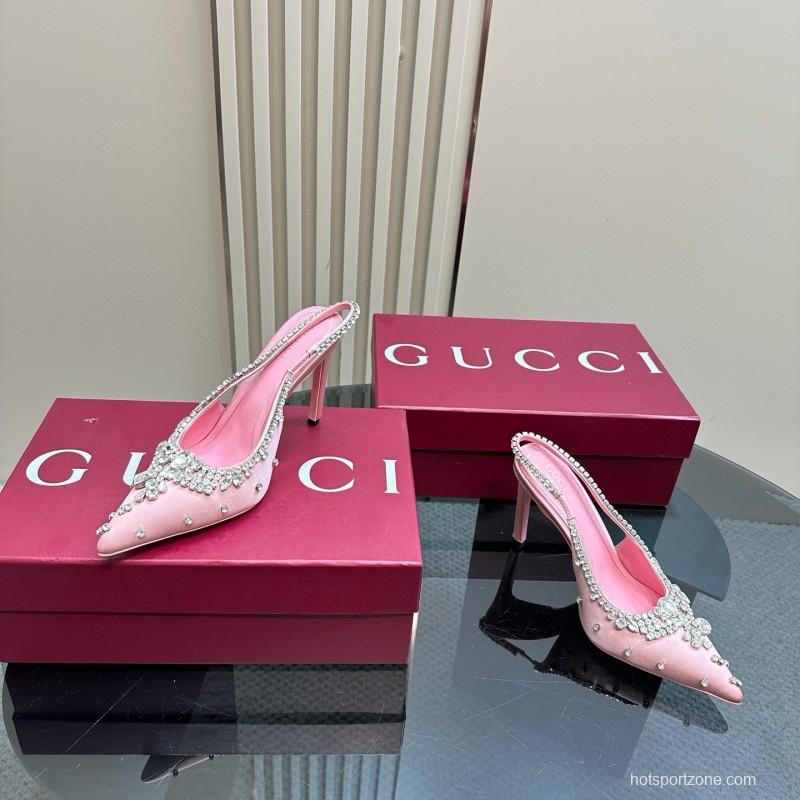 2025 Women Gucci Pink Silk Slingback High Heel Crystal MJ00340