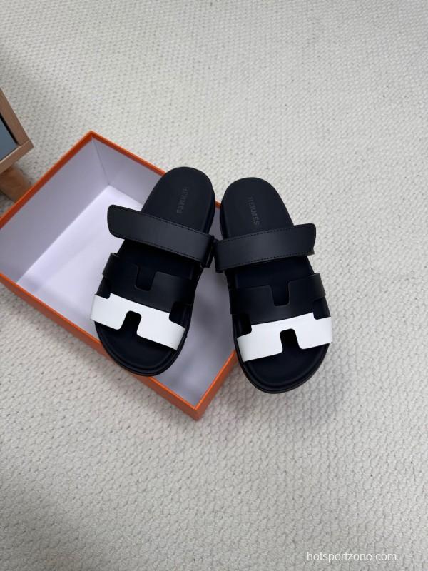 2025 Slippers Hermès Black White Leather Slippers