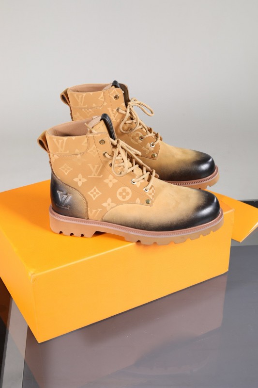 2024 Men Louis Vuitton Beige Black Leather Canvas Boots MJ00470