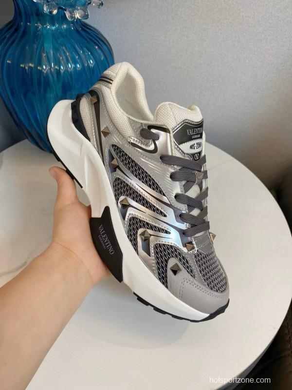 2024 Unisex Valentino White Black Grey Mesh Leather Sneakers MJ00410