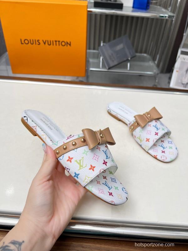 2025 Women Louis Vuitton White Multicolor Leather Slippers Monogram LY00200