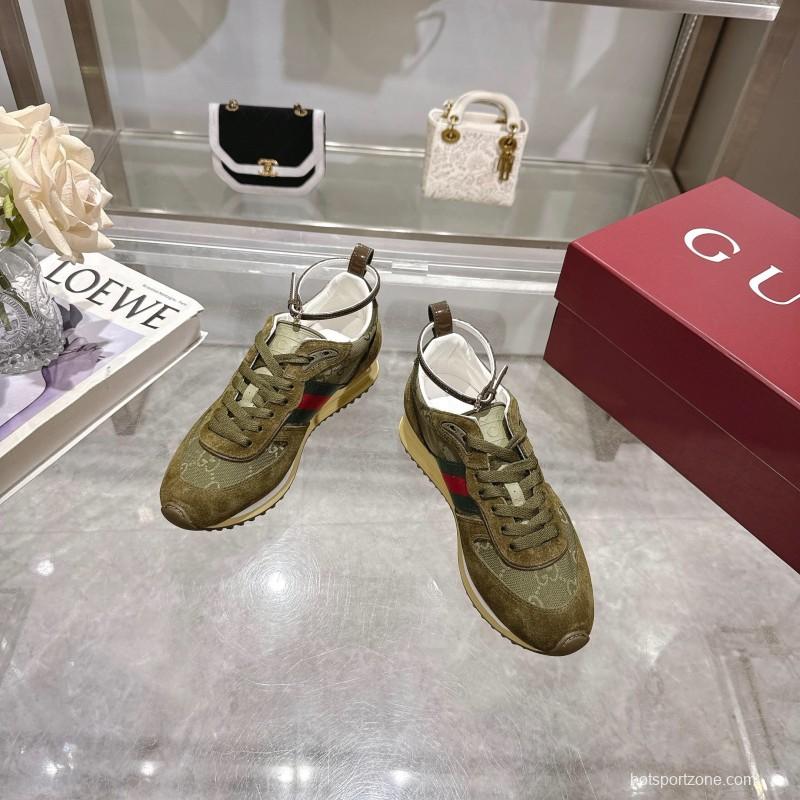 2025 Women Gucci Khaki Green Red Suede Mesh Sneakers LY00340