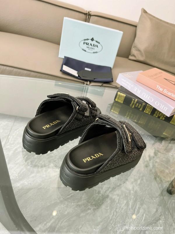 2025 Prada Black Woven Leather Slippers LY00290