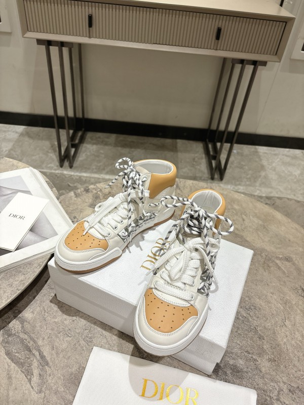 2025 Women Dior White Beige Leather Mesh High Top Sneakers