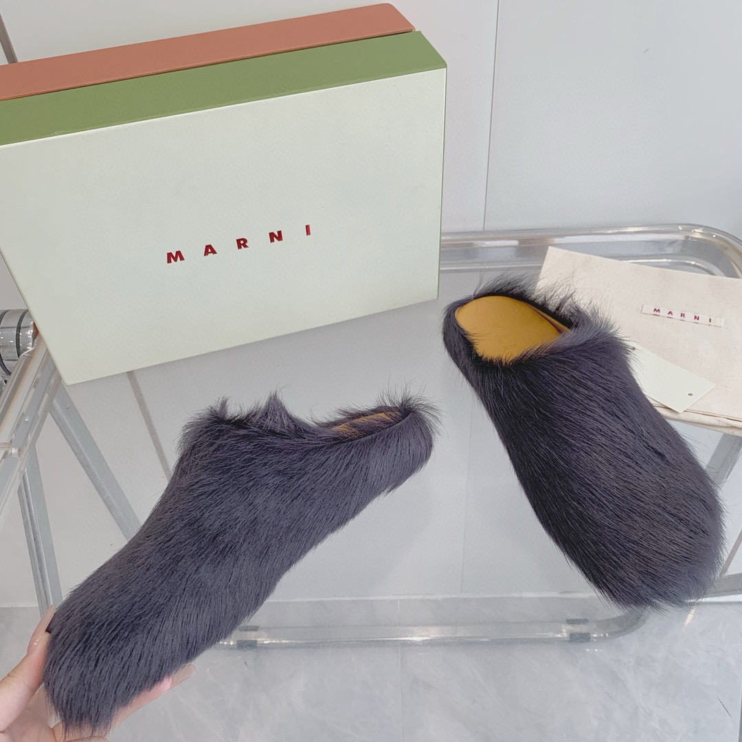 2024 Women Marni Gray Pony Hair Mules MJ00320
