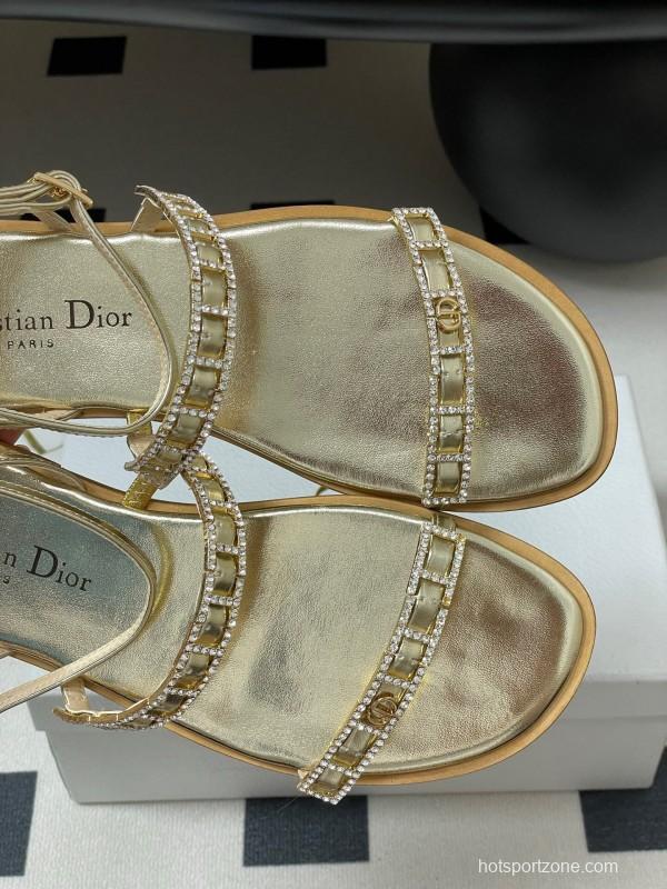 2025 Women Dior Gold Leather Sandals Crystal Embellishment