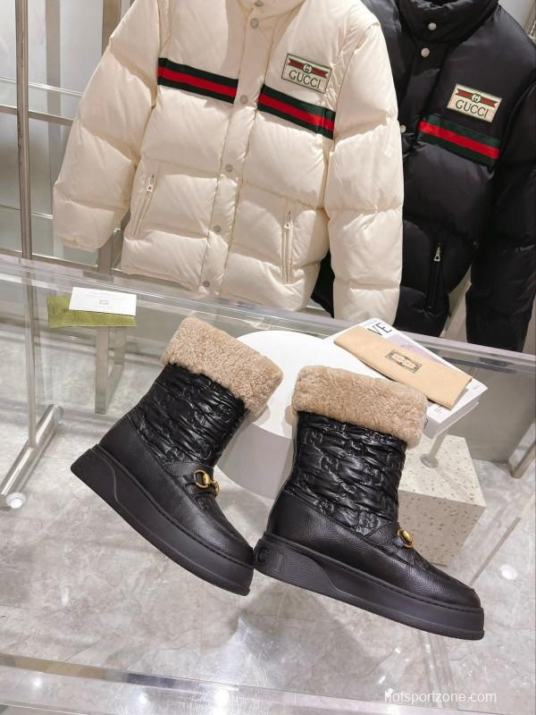 2024 Women Gucci Black Sheepskin Snow Boots Metallic Hardware MJ00420
