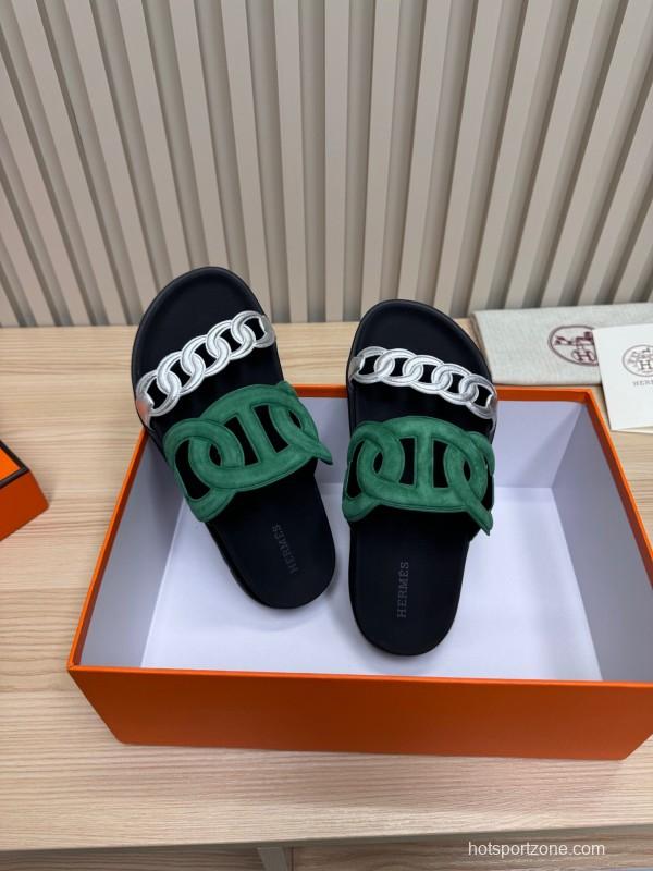 2025 Slippers Hermès Green Black Suede Leather Slippers
