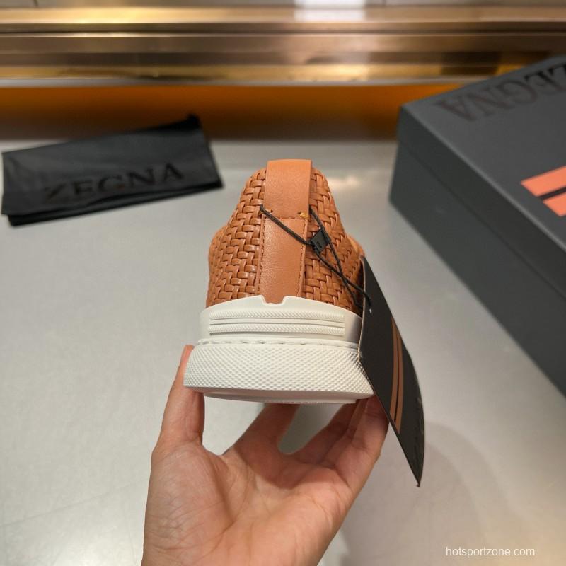 2024 Men Ermenegildo Zegna Brown Leather Woven Sneakers