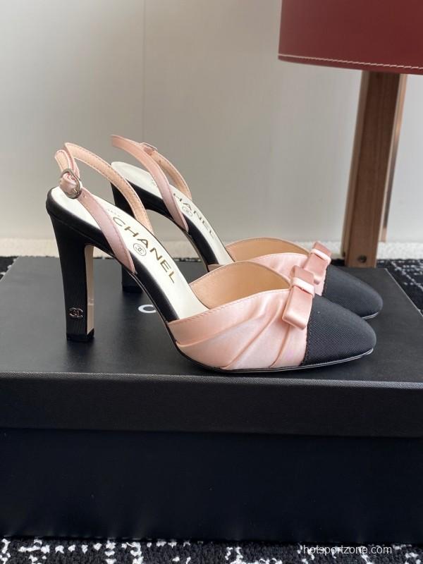2025 Women Chanel Pink Black Satin Leather Slingback Heels KFY00289