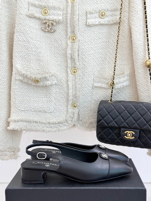 2025 Women Chanel Black Leather Slingback Flats