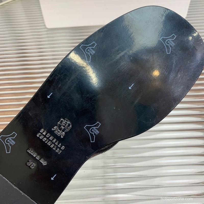 2025 Women Brunello Cucinelli Black Leather Flat Slides With Handwoven Beaded Straps KFY00300 (F)