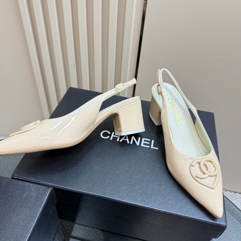 2025 Women Chanel Beige Patent Leather Slingback Heels