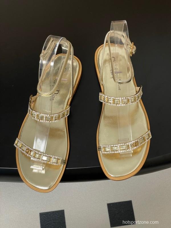 2025 Women Dior Gold Leather Sandals Crystal Embellishment