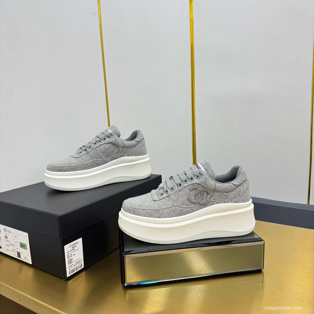 2025 Women Chanel Grey Wool Platform Sneakers