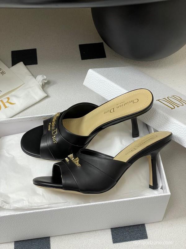2025 Women Dior Black Leather High Heel Mules