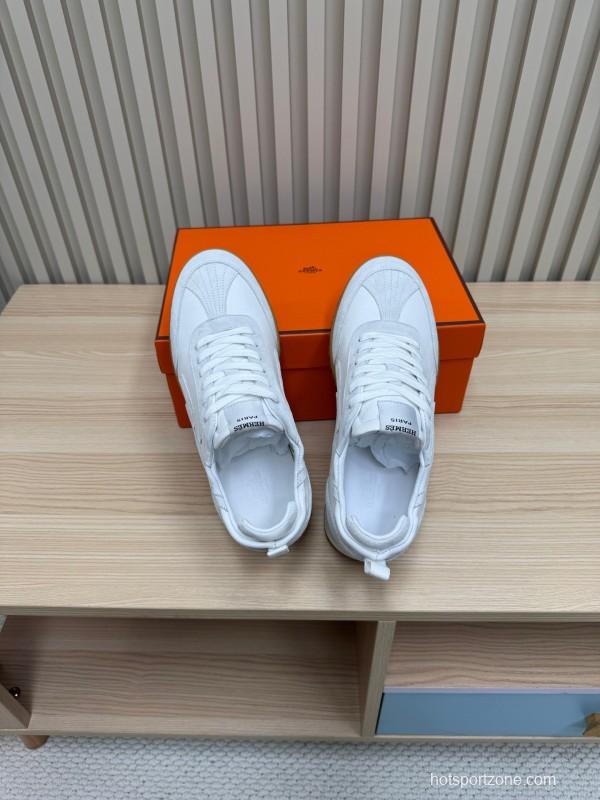 2025 Unisex Hermès White Suede Down Fabric Sneakers KFY00300