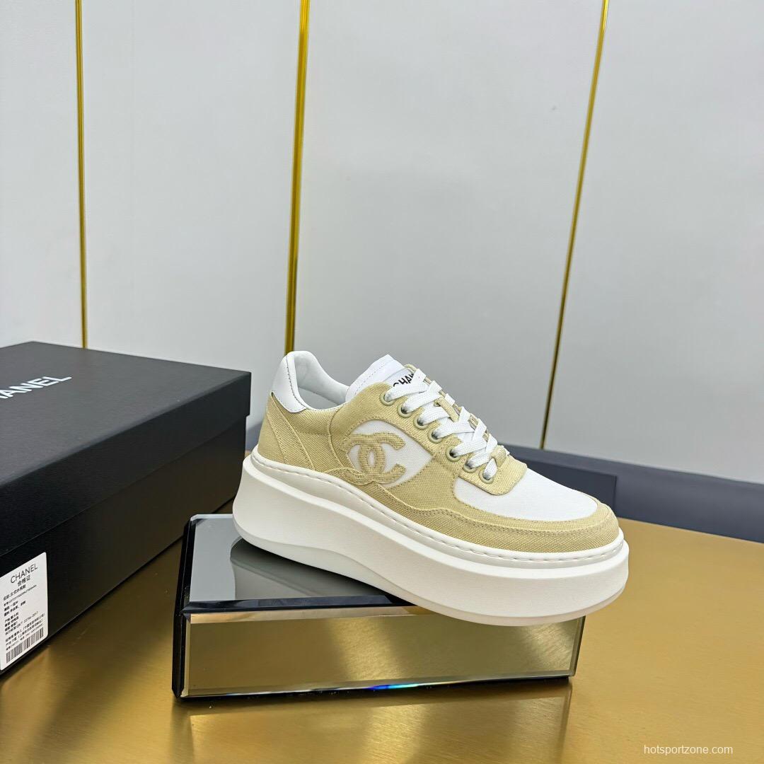 2025 Women Chanel Beige White Canvas Leather Sneakers