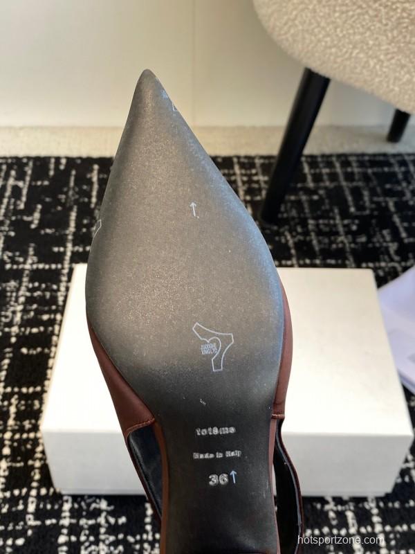 2025 Women Toteme Brown Satin Slingback Pointed Toe Heels