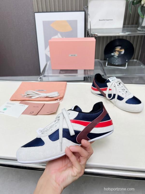 2025 Women Miu Miu Navy White Red Suede Fabric Sneakers LY00