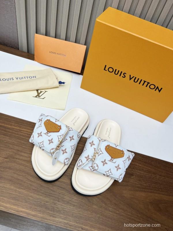 2025 Women Louis Vuitton White Brown Canvas Slippers KFY00230