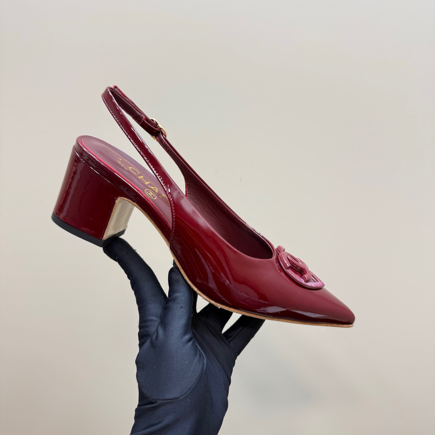 2025 Women Chanel Burgundy Patent Leather Slingback Pumps
