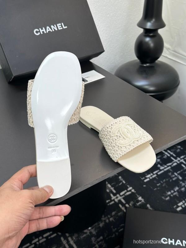 2025 CHANEL White Knit Leather Slippers LY00250