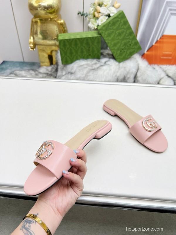 2025 Women Gucci Pink Leather Slippers GG Buckle MJ00190