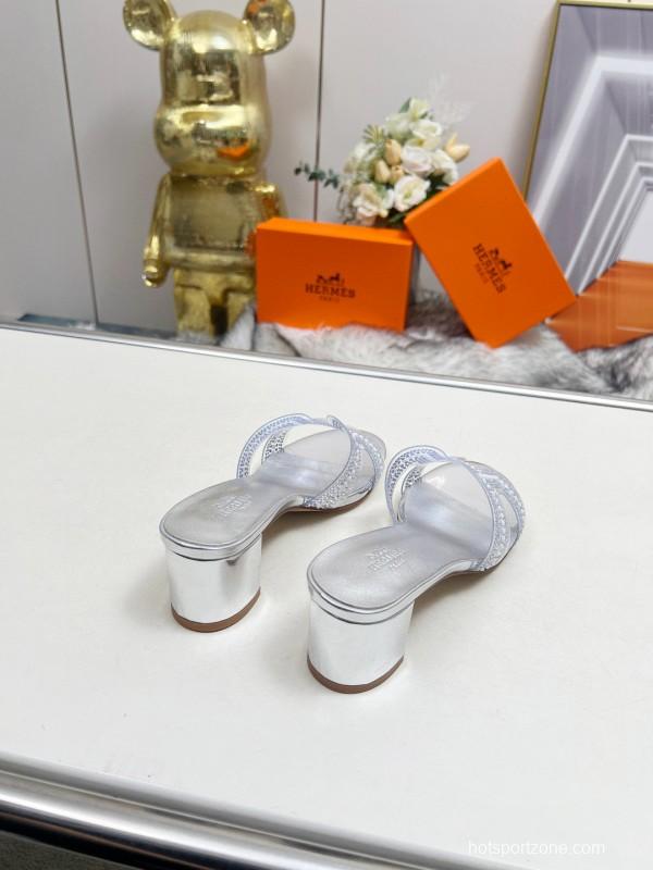 2025 Slippers Hermès Silver Leather Slippers MJ00180/215