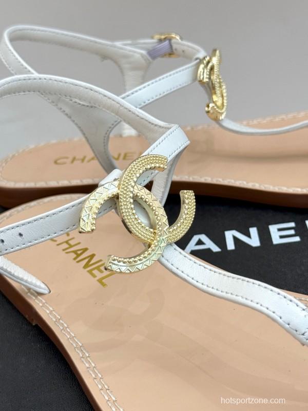 2025 Women Chanel White Leather Sandals KFY00290