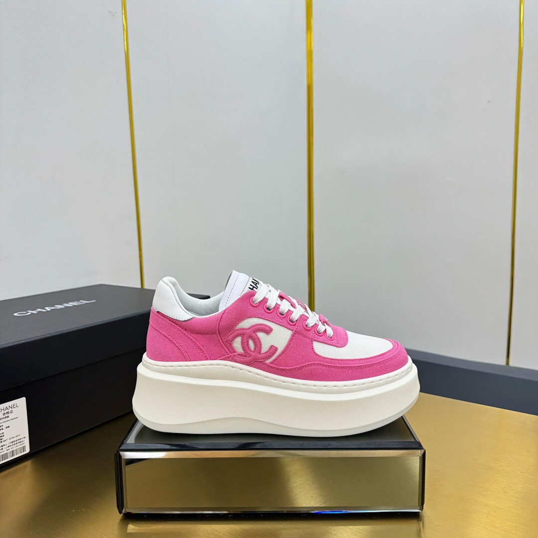 2025 Women Chanel Pink White Leather Canvas Sneakers
