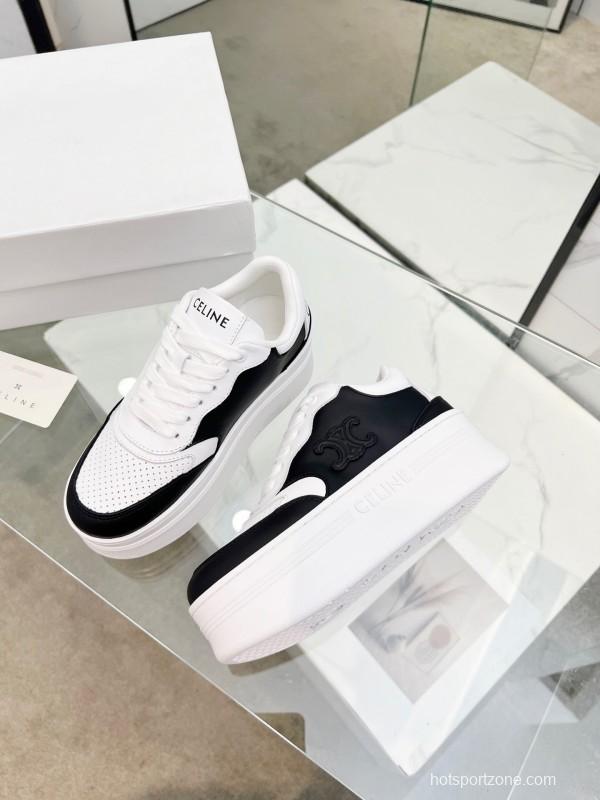 2025 Women Celine Black White Leather Platform Sneakers Block Triomphe LY00270