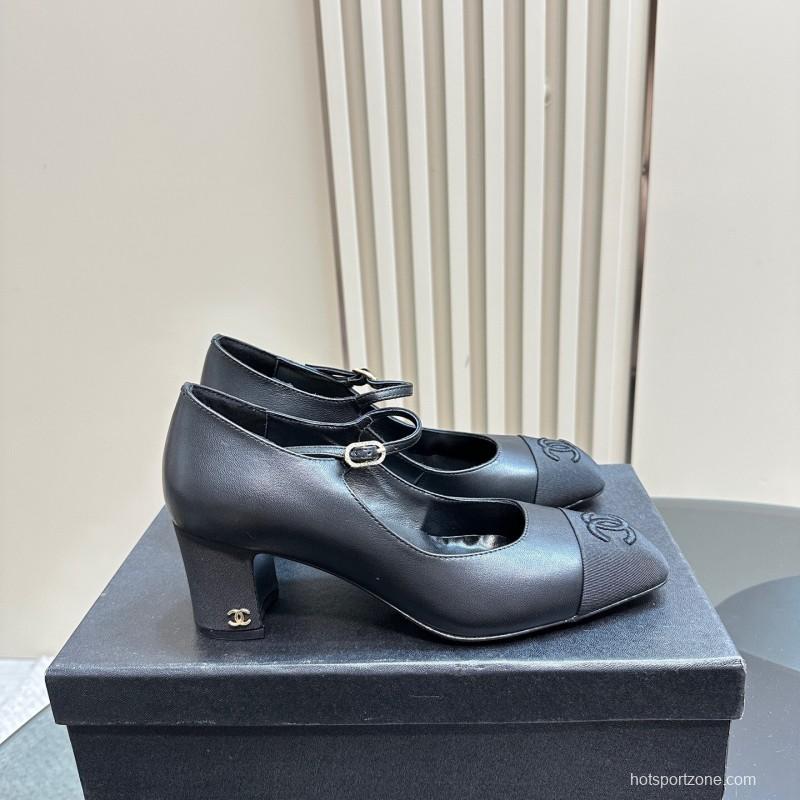 2025 Women Chanel Black Leather Mary Jane Shoes KFY00290