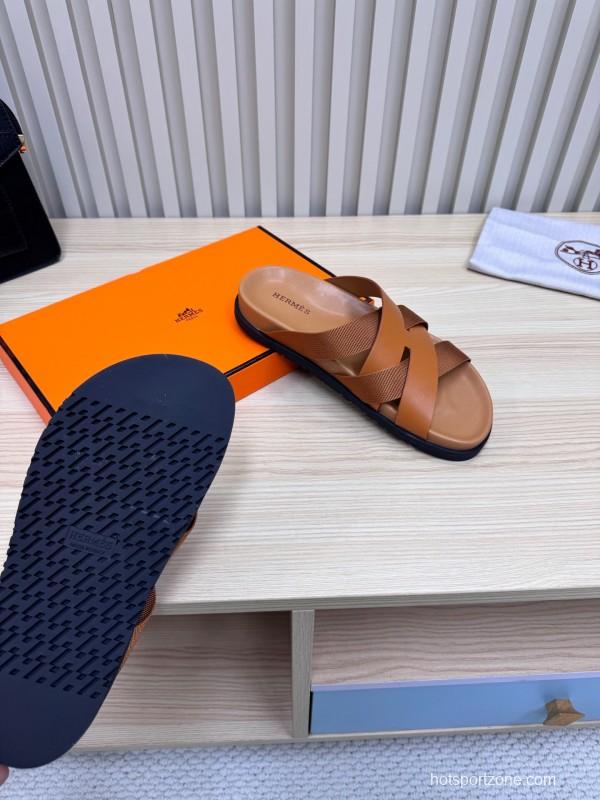 2025 Men Hermès Brown Leather Slippers
