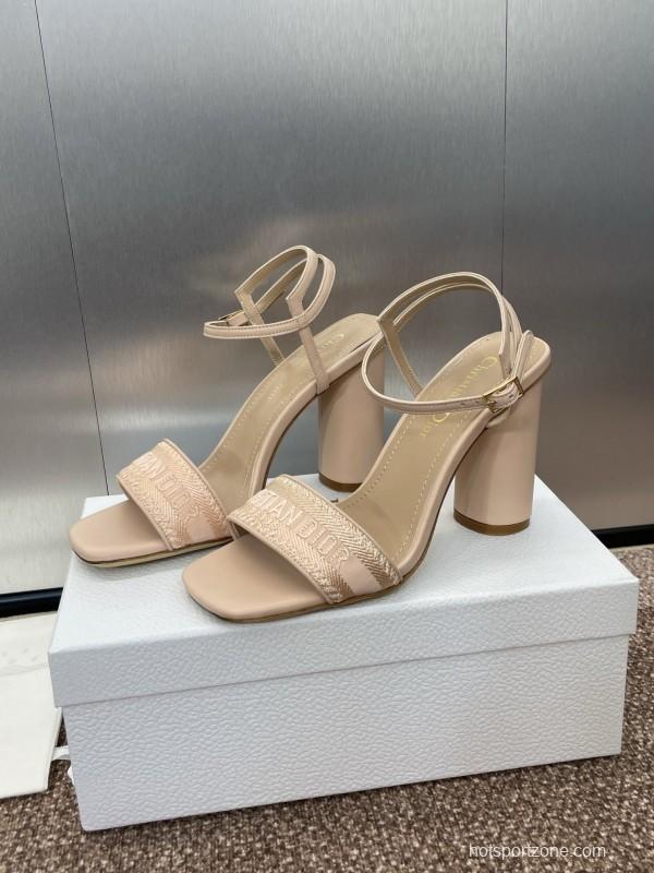 2025 Women Dior Beige Fabric Leather High Heel Sandals