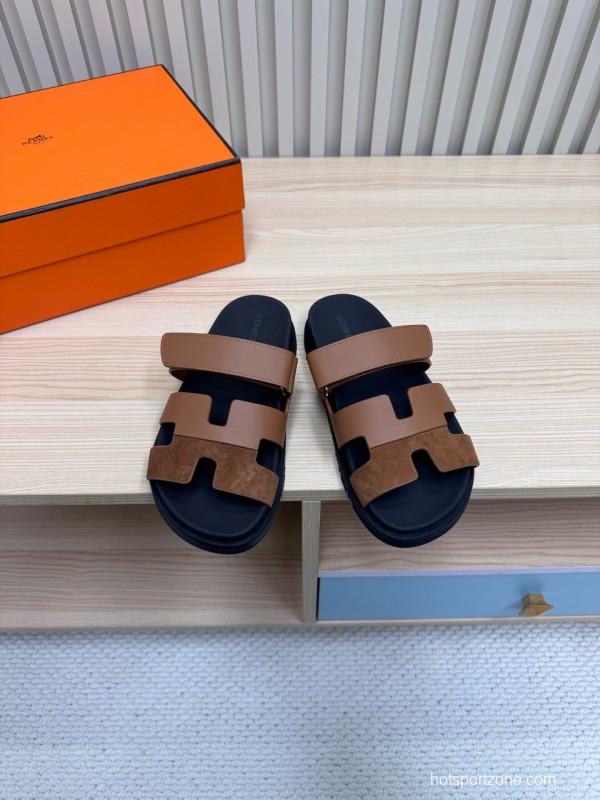 2025 Slippers Hermès Brown Black Leather Nubuck Slippers