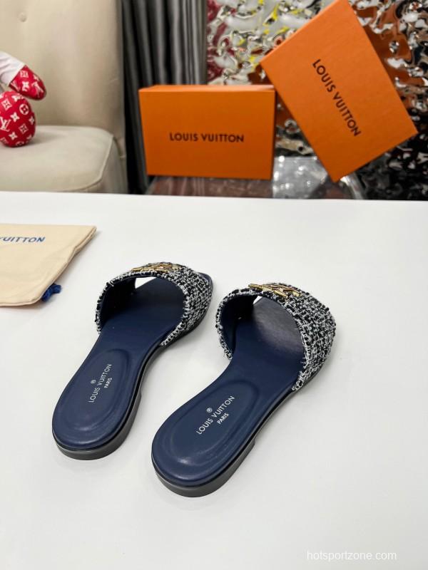 2025 Women Louis Vuitton Navy Tweed Leather Slippers LY00210