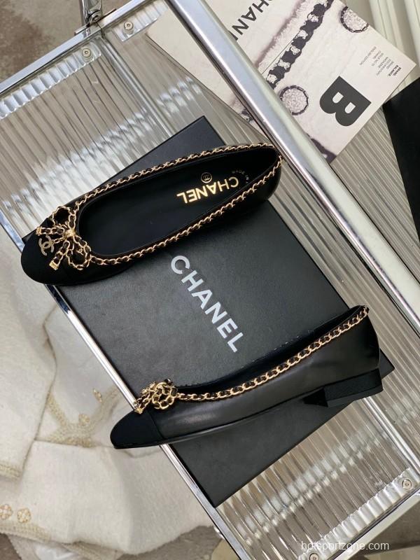 2025 Women Chanel Black Gold Leather Ballet Flats