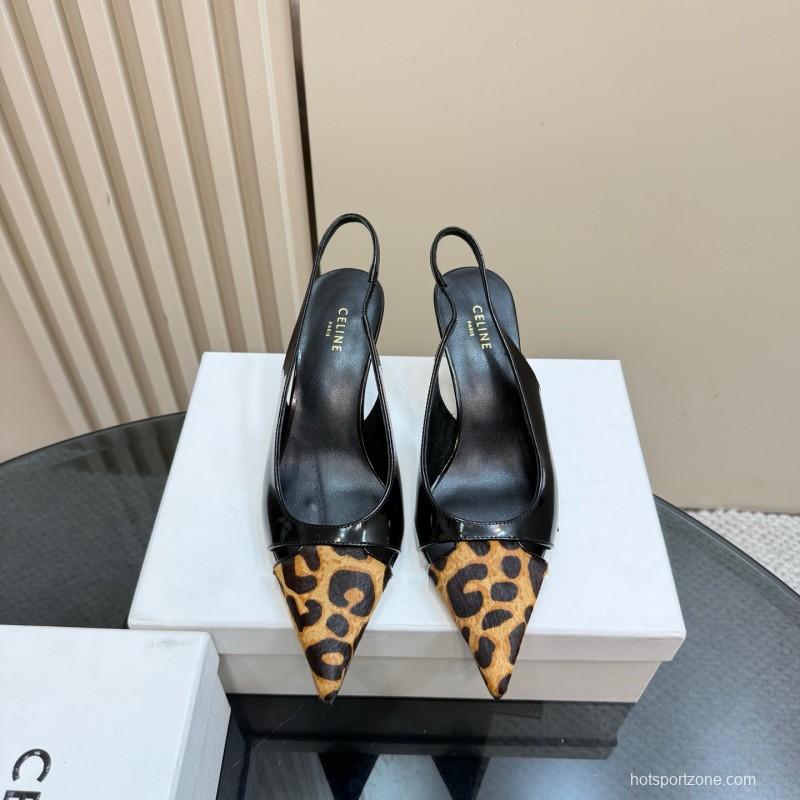 2025 Women CELINE Black Leopard Print Patent Leather Slingback Pumps