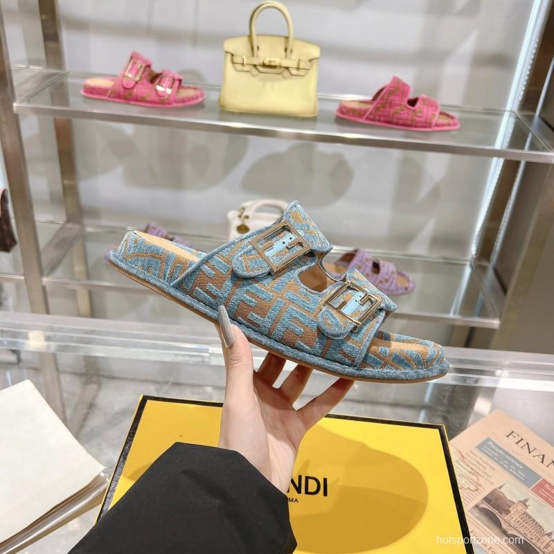 2025 Fendi Blue Beige Fabric Leather Slippers KFY00250