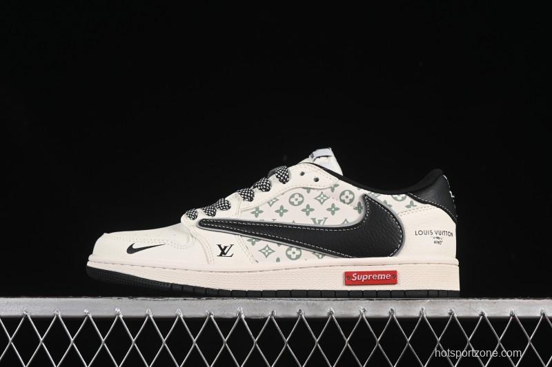 Nike Travis Scott x Fragment Design x Air Jordan 1 Low OG SP AJ1 Low Top Casual Sneakers with Metallic Black Swoosh - YX5066-335